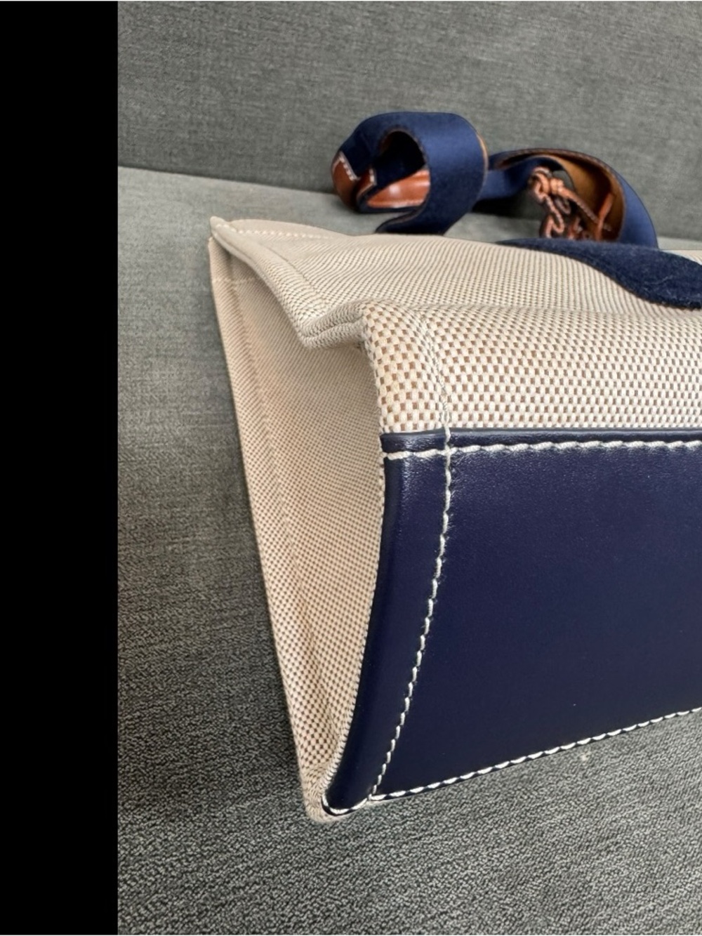 Tory Burch Tory Tote Bag Canvas Navy Stripes Leather Handles - Picture 12 of 16